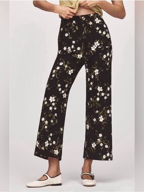 Maeve Colette Black Floral Cropped Wide-Leg Pants with White & Olive Blooms